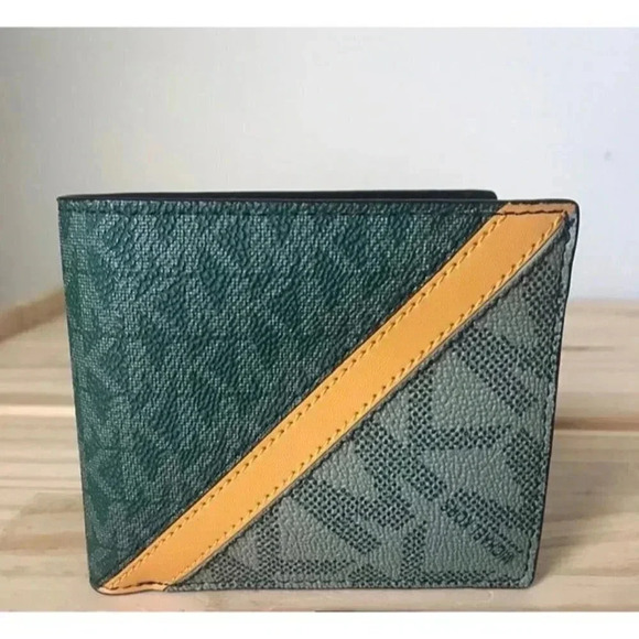 Michael Kors Cooper Mens Wallet Billfold Signature - Green Multi - Picture 1 of 4